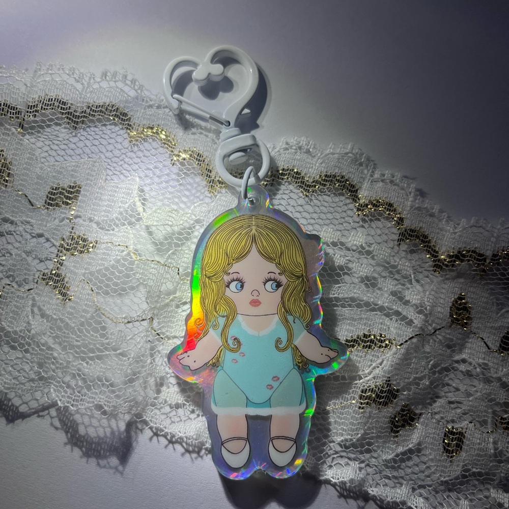 Cute Kewpie Sabrina Carpenter keychain hand made with Heart Clip